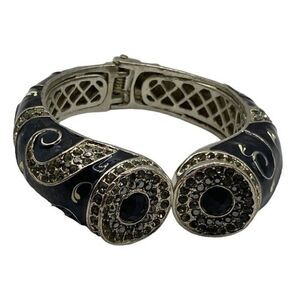 Vintage Runway Fashion Bangle Bracelet Black Rhinestones Silver Filigree